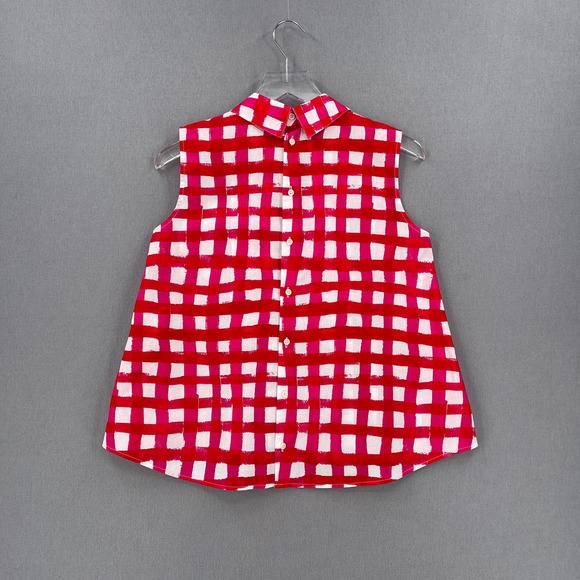 MARNI X UNIQLO Checked top Womens White Red Sleeveless Pleat Front Collared - Picture 4 of 16